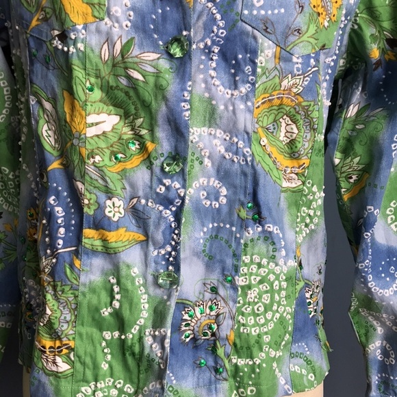 Y2K Keren Hart blue green yellow button down lightweight jean jacket size M - Picture 5 of 13